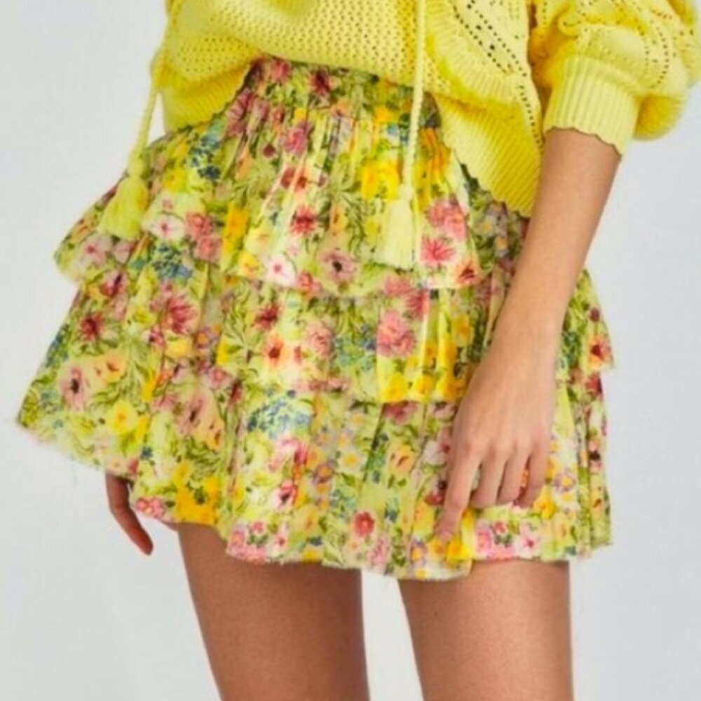 LoveShackFancy Brynlee Floral Tiered Mini Skirt